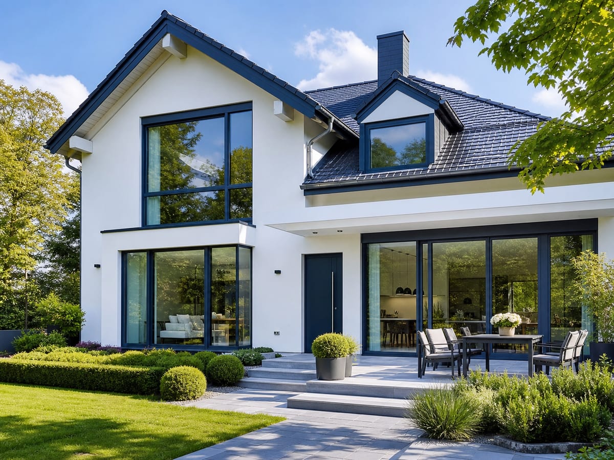 Energieeffizientes modernes Haus mit großen, dreifach verglasten Fenstern