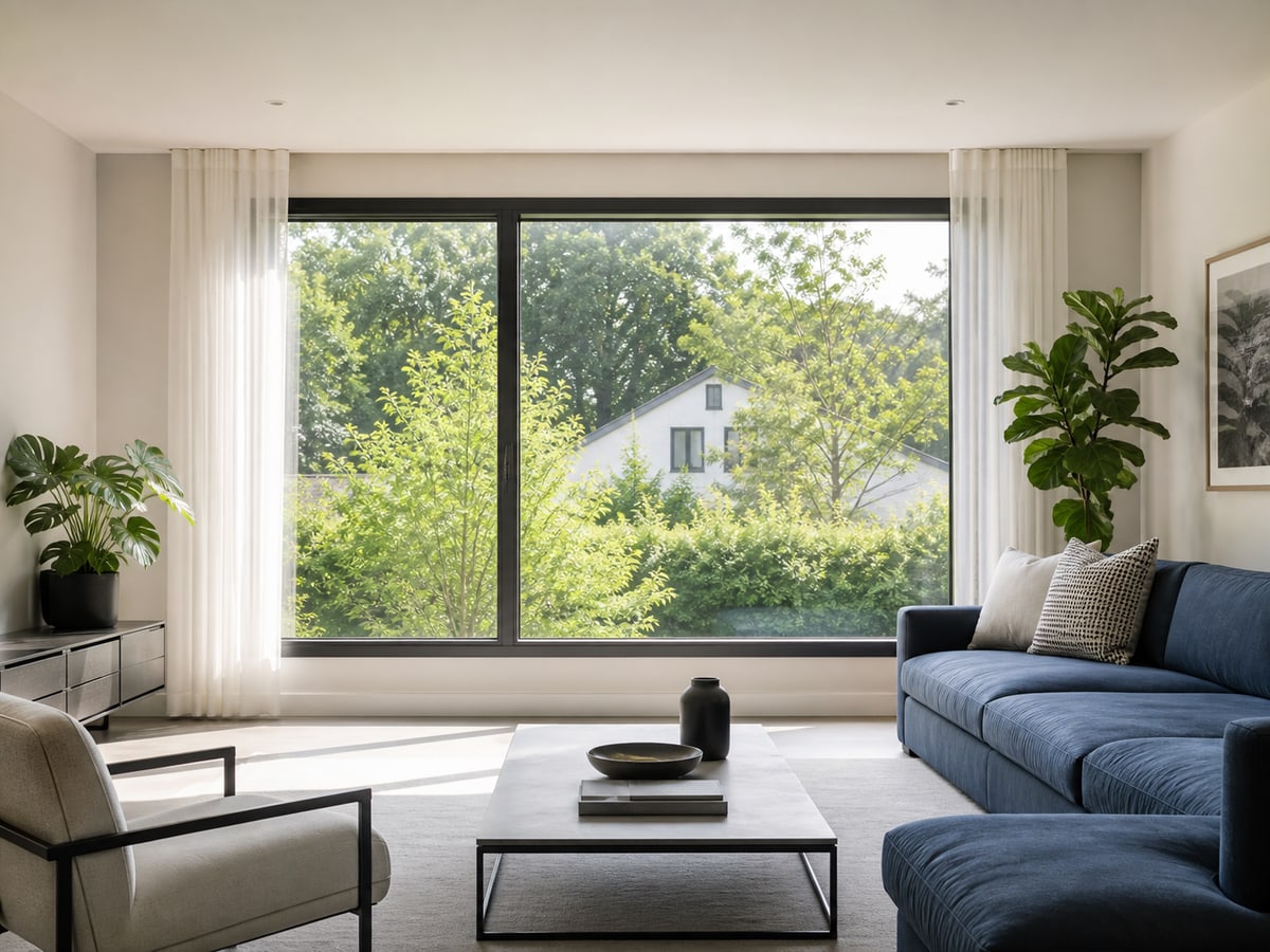 Helles modernes Wohnzimmer mit großem, elegantem Fenster